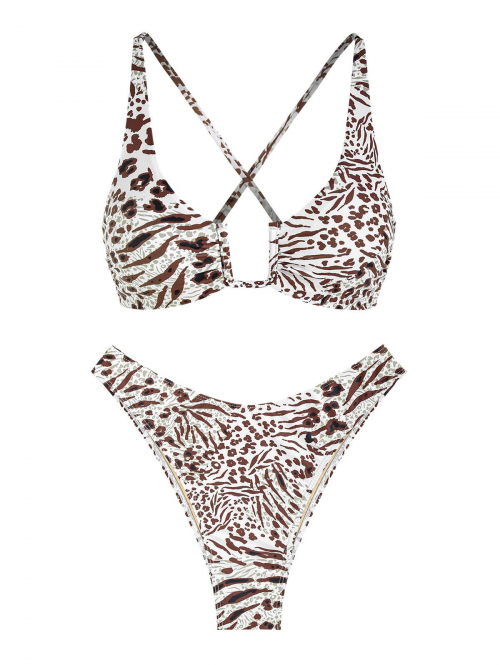 ZAFUL U-wire Criss Cross Animal Print Lace Up High Leg Bikini Swimwear S Coffee