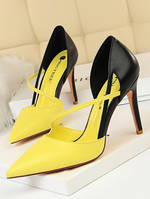 Women Colorblock Two Tone Cut Out Heeled Pointed Toe Pumps