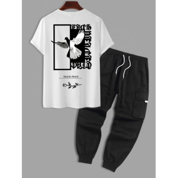 ZAFUL Men's Eagle Letter Rose Graphic Pattern Short Sleeves T-shirt and Cargo Pants Set White