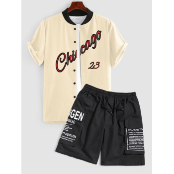 ZAFUL Men's Chicago Short Sleeves Baseball Shirt With Letter Cargo Shorts Two Piece Set Light coffee