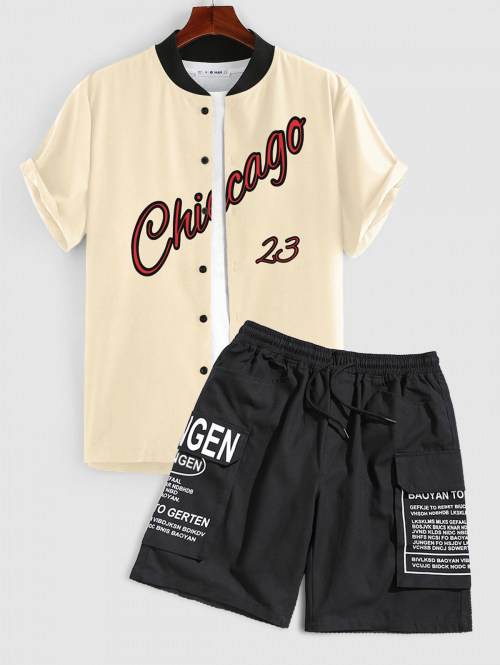 ZAFUL Men's Chicago Short Sleeves Baseball Shirt With Letter Cargo Shorts Two Piece Set Light coffee