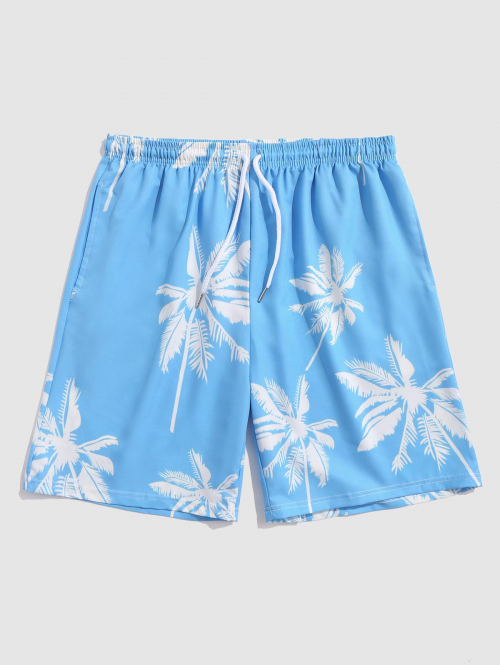 ZAFUL Men's Coconut Tree Pattern Hawaiian Board Shorts L Crystal blue