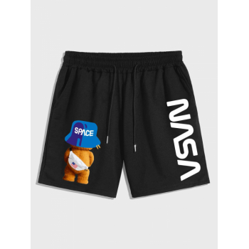 Cartoon Bear Letter Graphic Pattern Sweat Shorts S Black