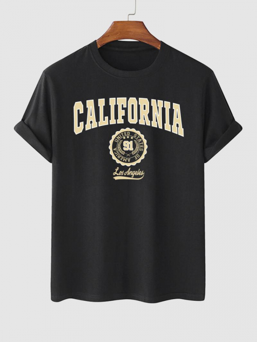 ZAFUL Men's Letter CALIFORNIA Badge Graphic Printed Short Sleeve T-shirt L Black