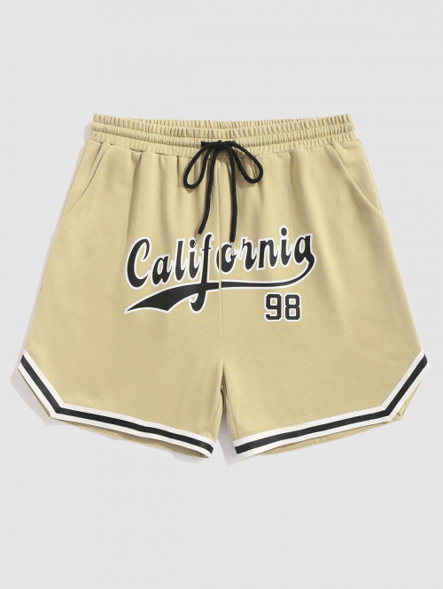 ZAFUL California Letter Striped Drawstring Sweat Baseball Shorts L Light coffee