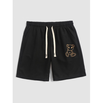 Pocket Drawstring Cartoon Bear Textured Knee Length Casual Shorts L Black