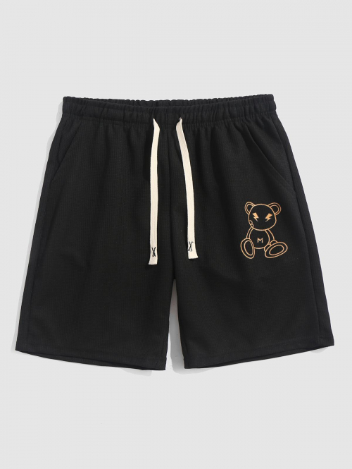 Pocket Drawstring Cartoon Bear Textured Knee Length Casual Shorts L Black