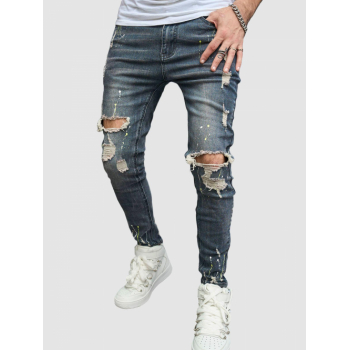 ZAFUL Men's Splatter Paint Pattern Destroyed Design Jeans 34 Deep blue