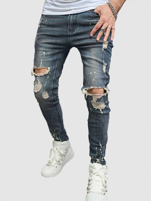 ZAFUL Men's Splatter Paint Pattern Destroyed Design Jeans 34 Deep blue