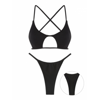 Criss Cross Cutout Star Shaped Textured Thong Bikini Set Swimwear Black