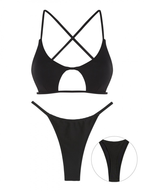 Criss Cross Cutout Star Shaped Textured Thong Bikini Set Swimwear Black