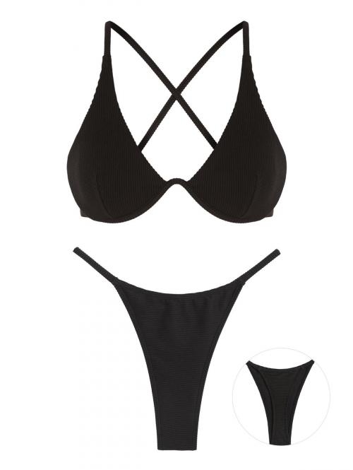 Criss Cross Monowire Textured Thong Bikini Set Swimwear Black