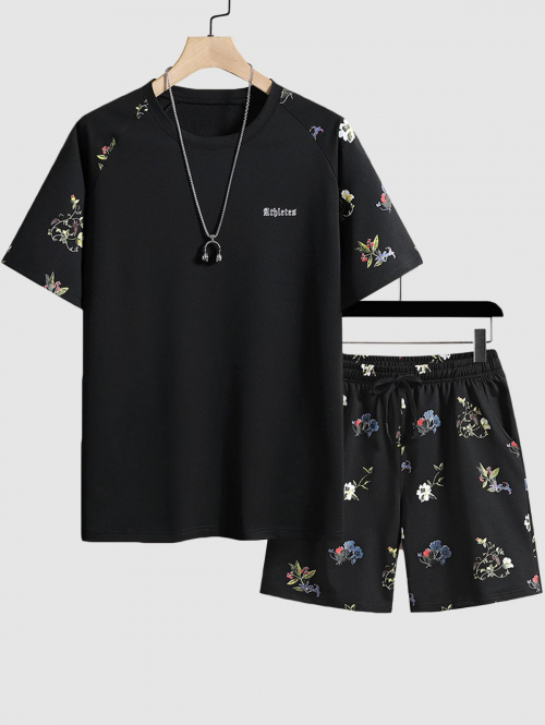 ZAFUL Men's Flowers Pattern Short Sleeves T-shirt and Shorts Set M Black