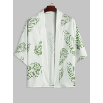 ZAFUL Men's Palm Leaves Print Open Front Casual Beach Kimono L White