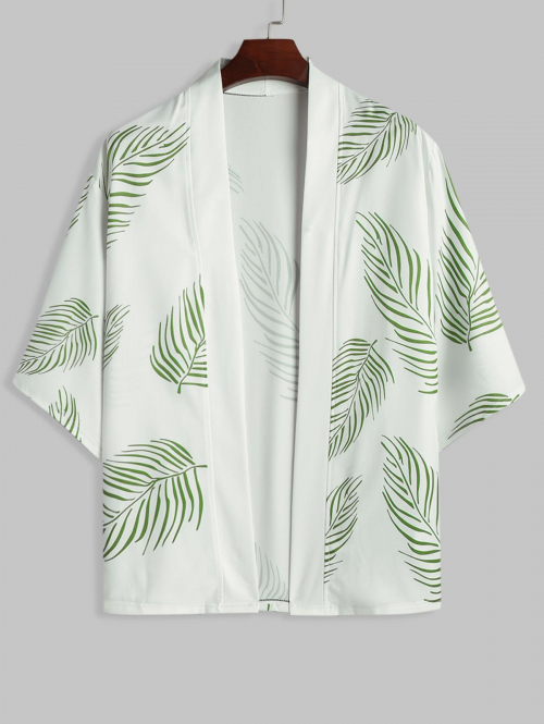 ZAFUL Men's Palm Leaves Print Open Front Casual Beach Kimono L White