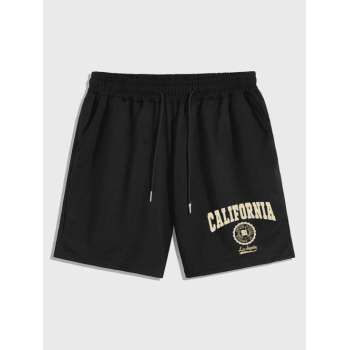 California Print Drawstring Pocket Shorts L Black