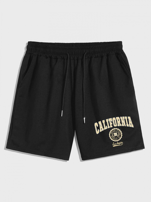 California Print Drawstring Pocket Shorts L Black