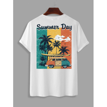 ZAFUL Men's Letter Summer Vacation Palm Tree Car Graphic Printed Short Sleeves T-shirt M White