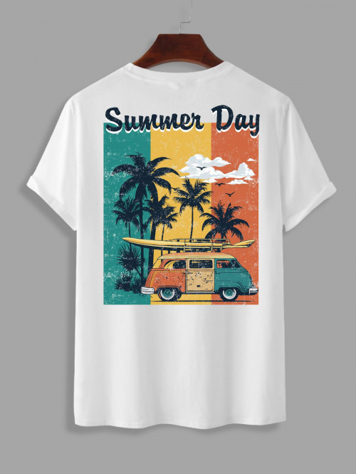 ZAFUL Men's Letter Summer Vacation Palm Tree Car Graphic Printed Short Sleeves T-shirt M White