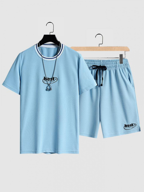 ZAFUL Men's Letter Printed Textured Short Sleeves T-shirt and Shorts Set Xs Day sky blue