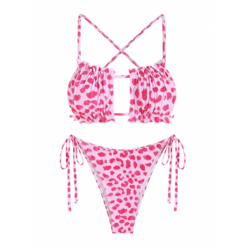 ZAFUL Frilled Criss Cross Tie Side Animal Print Bikini Swimwear M Light pink