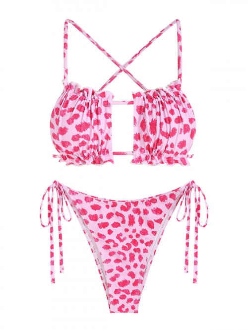 ZAFUL Frilled Criss Cross Tie Side Animal Print Bikini Swimwear M Light pink