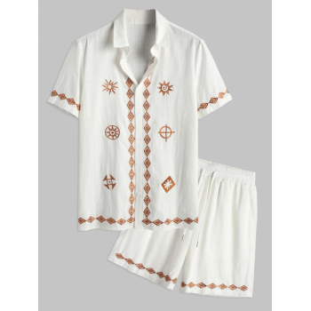 ZAFUL Men's ZAFUL Cotton and Linen Textured Ethnic Printed Geometric Embroidered Shirt and Shorts Set S White