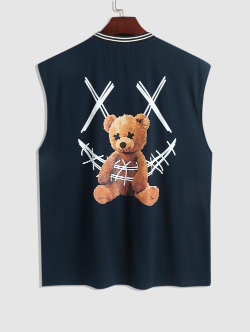 ZAFUL Rib Collar Smile Face Cartoon Bear Sleeveless T Shirt Summer Tank Top M Deep blue