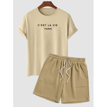 ZAFUL Men's C'EST LA VIE Letter Printed Short Sleeves T-shirt and Drawstring Sweat Shorts Set Light coffee