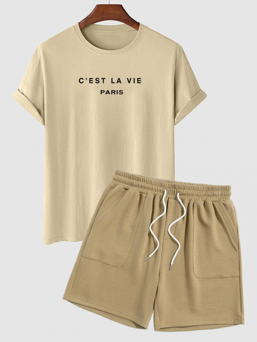 ZAFUL Men's C'EST LA VIE Letter Printed Short Sleeves T-shirt and Drawstring Sweat Shorts Set Light coffee