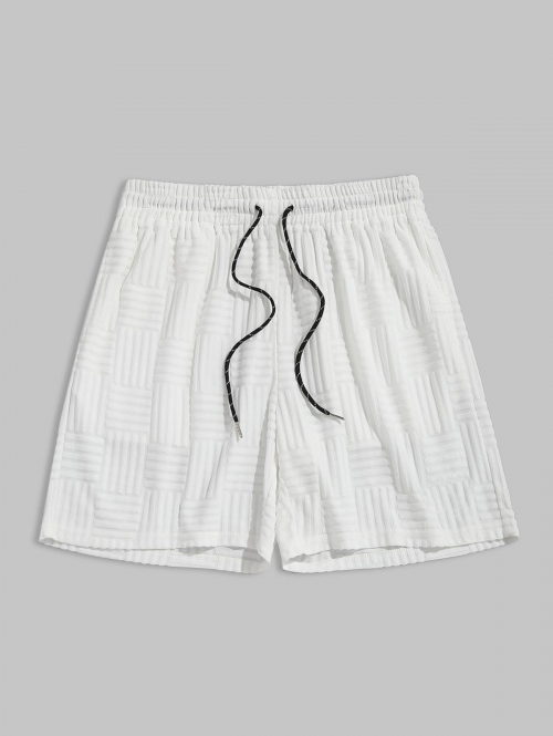 ZAFUL Geometric Jacquard Terry Cloth Textured Drawstring Sweat Shorts M White