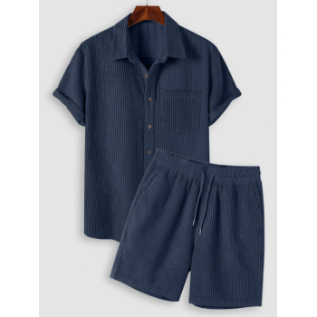 ZAFUL Men's Front Pocket Button Up Short Sleeve Corduroy Shirt and Shorts Set Deep blue