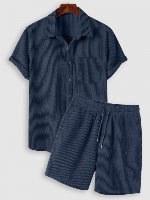 ZAFUL Men's Front Pocket Button Up Short Sleeve Corduroy Shirt and Shorts Set Deep blue