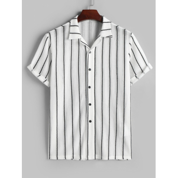 ZAFUL Men's ZAFUL Button Up Camp Collar Contrast Stripes Jacquard Semi-sheer Knit Shirt L White