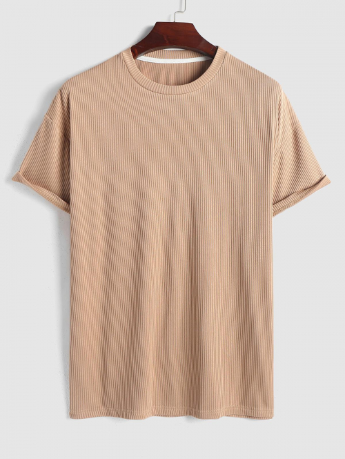 ZAFUL Men's ZAFUL Solid Color Ribbed Textured Short Sleeves T-shirt L Coffee