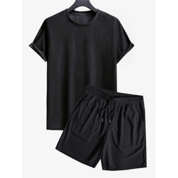 ZAFUL Men's Jacquard Terry Cloth Textured Short Sleeves T Shirt With Shorts Two Piece Set Black