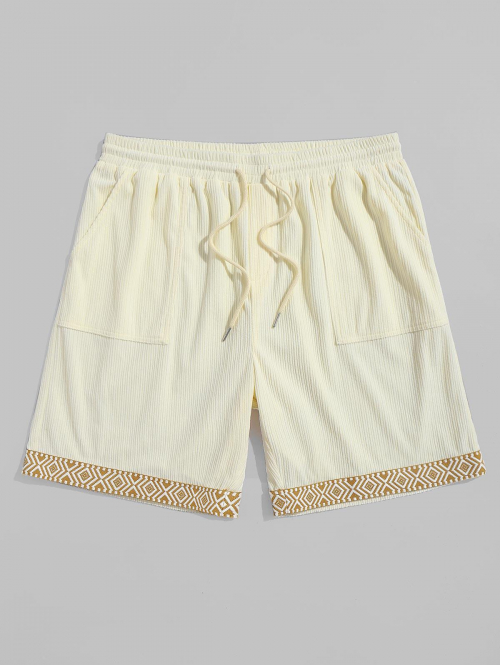 ZAFUL Drawstring Corduroy Woven Tape Patched Jacquard Panel Shorts M Light coffee