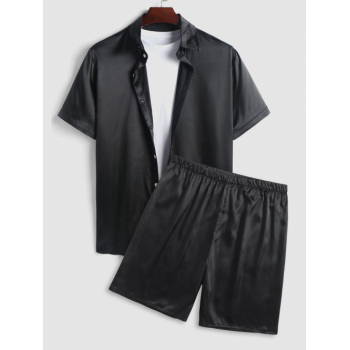 ZAFUL Men's Solid Color Silky Satin Short Sleeves Shirt and Shorts Set S Black