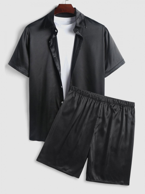 ZAFUL Men's Solid Color Silky Satin Short Sleeves Shirt and Shorts Set S Black