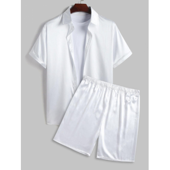 ZAFUL Men's Solid Color Silky Satin Short Sleeves Shirt and Shorts Set S White