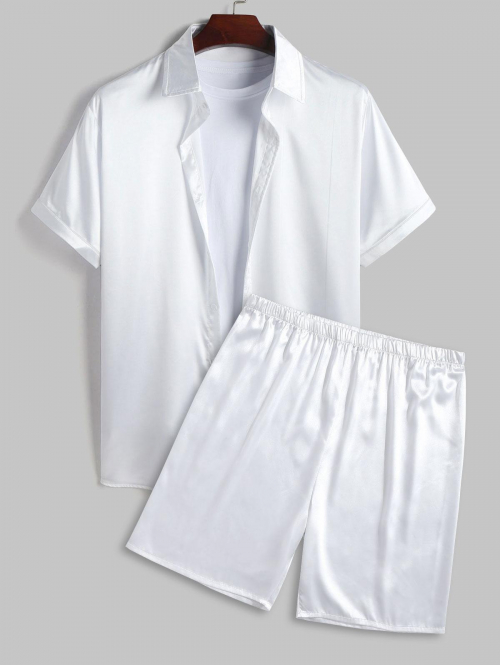 ZAFUL Men's Solid Color Silky Satin Short Sleeves Shirt and Shorts Set S White