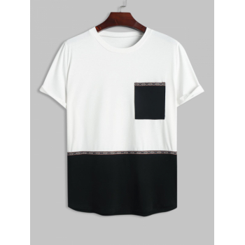 ZAFUL Front Pocket Ethnic Style Jacquard Panel Colorblock Two Tone T-shirt L Black