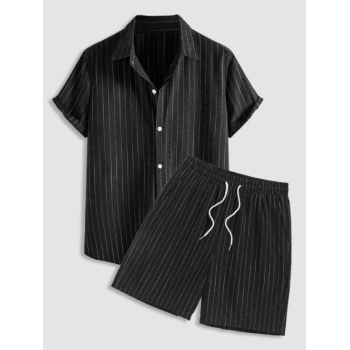 ZAFUL Men's Men's Casual 2 Piece Outfits Vertical Striped Pattern Striped Button Fly Short Sleeve Shirt and Drawstring Bermuda Shorts Set Black