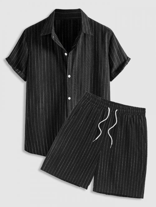 ZAFUL Men's Men's Casual 2 Piece Outfits Vertical Striped Pattern Striped Button Fly Short Sleeve Shirt and Drawstring Bermuda Shorts Set Black