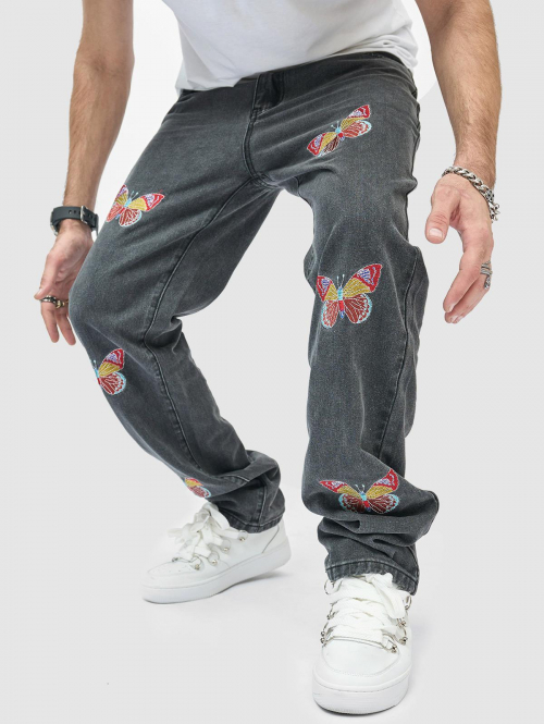 ZAFUL Men's Colorful Butterflies Embroidered Straight Leg Jeans 40 Black