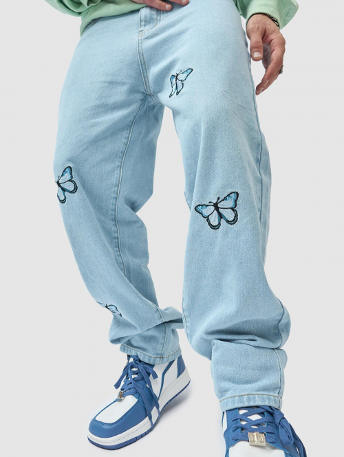 ZAFUL Men's Butterfly Embroidered Straight Leg Jeans 34 Light blue