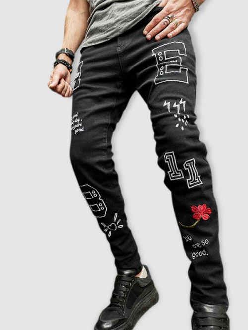 ZAFUL Men's Letter Flower Graphic Embroidered Zip Fly Jeans 32 Black