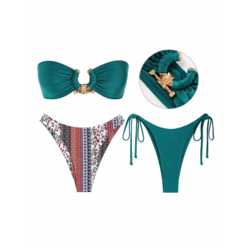 Women Three-Pieces Shiny Metal Hardware Ring Bandeau Bikini Set With Boho Ethnic Cheeky Bikini Bottom Deep green