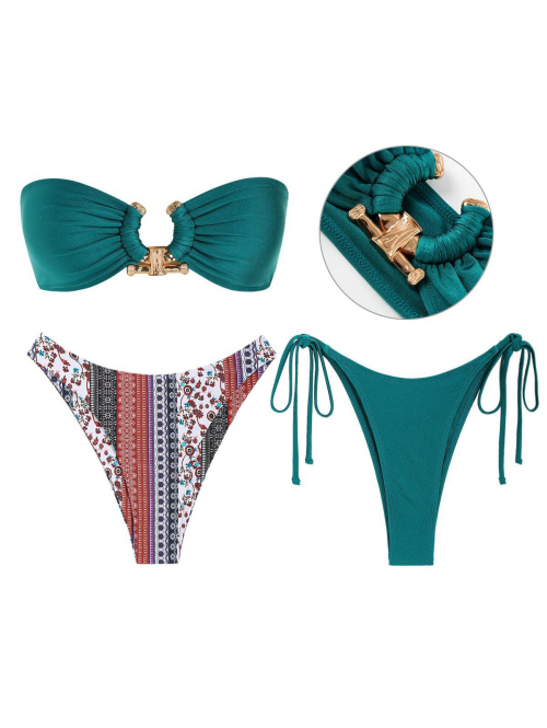 Women Three-Pieces Shiny Metal Hardware Ring Bandeau Bikini Set With Boho Ethnic Cheeky Bikini Bottom Deep green