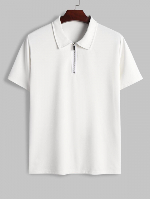 ZAFUL Men's Half Zip Design Polo Collar Basic T-shirt L White